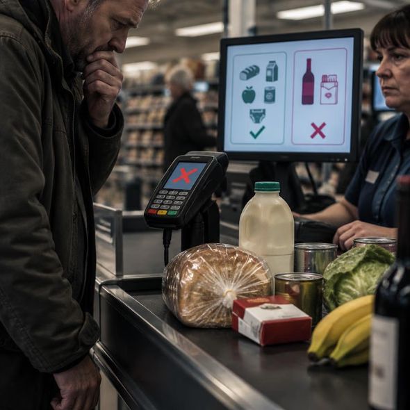 Editorial illustration for “The Tories Propose a Checkout Test for Poverty,” based on the article’s subject.