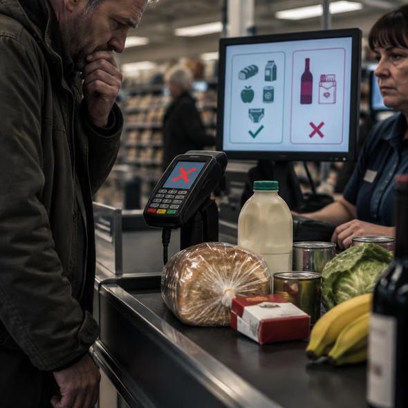 Editorial illustration for “The Tories Propose a Checkout Test for Poverty,” based on the article’s subject.