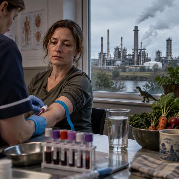 Editorial illustration for “Lancashire Residents Carry the Factory’s Chemical Record,” based on the article’s subject.