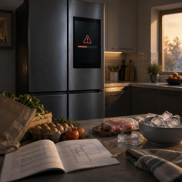 Editorial illustration for “Samsung Updated the Fridge Into a Brick,” based on the article’s subject.