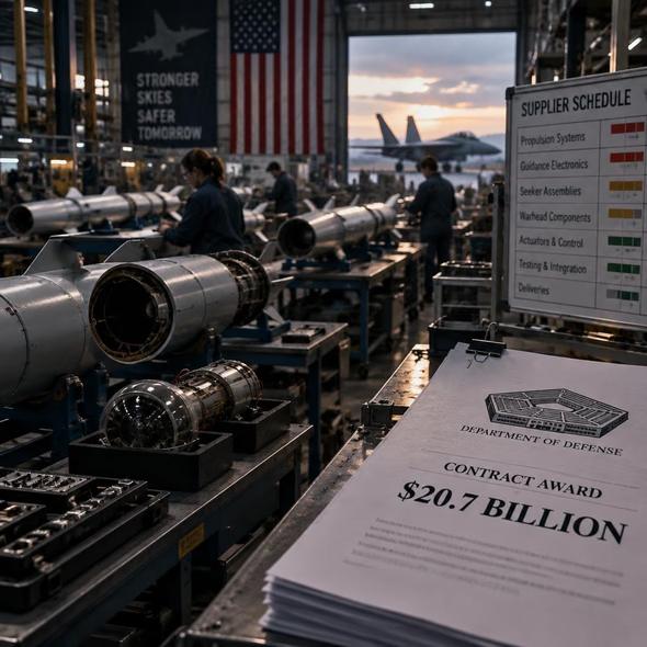 Editorial illustration for “$20.7 Billion Does Not Refill the Missile Rack Overnight,” based on the article’s subject.