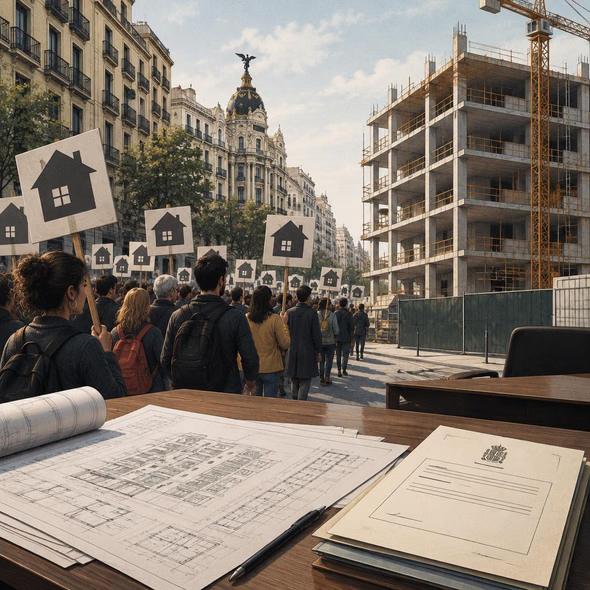 Editorial illustration for “Spain’s Housing Protest Is Not a Building Permit,” based on the article’s subject.