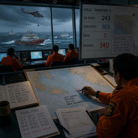 Editorial illustration for “140 People Are Missing After Virgo Transport 8 Sank,” based on the article’s subject.