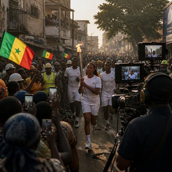 Editorial illustration for “Senegal Carries Africa’s First Olympic Flame,” based on the article’s subject.