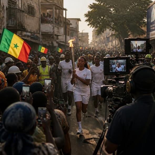 Editorial illustration for “Senegal Carries Africa’s First Olympic Flame,” based on the article’s subject.