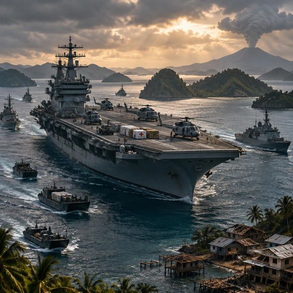 Editorial illustration for “Can Indonesia’s First Aircraft Carrier Deliver Disaster Relief?,” based on the article’s subject.