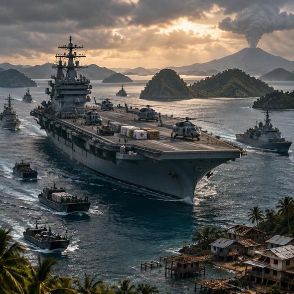 Editorial illustration for “Can Indonesia’s First Aircraft Carrier Deliver Disaster Relief?,” based on the article’s subject.