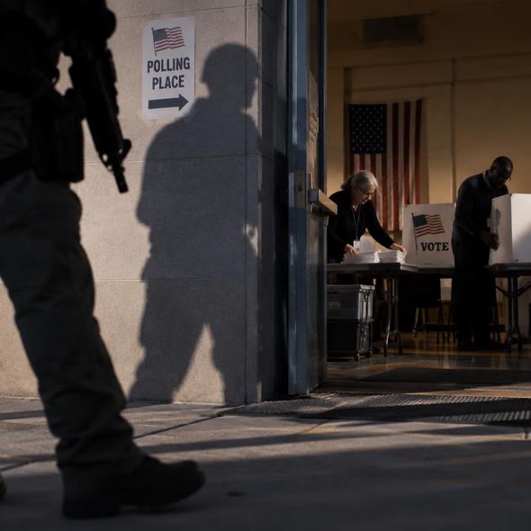 Editorial illustration for “Keep Armed Federal Officers Away From the Polls,” based on the article’s subject.
