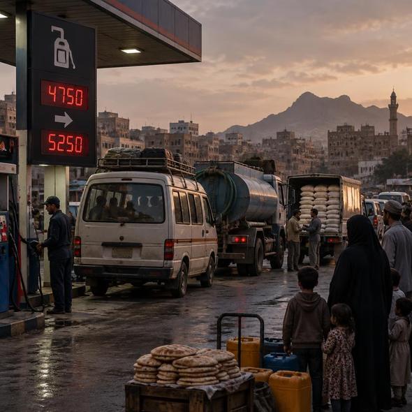Editorial illustration for “Yemen’s Four-Year Fuel-Price Freeze Ends at the Dinner Table,” based on the article’s subject.