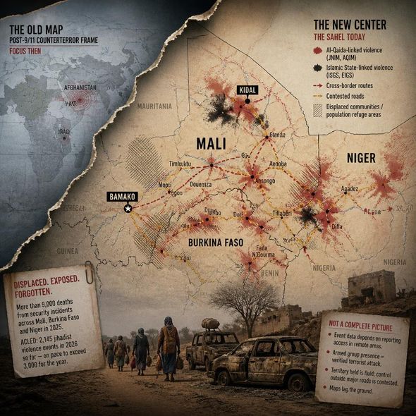 Editorial illustration for “The Sahel Outgrew the War on Terror’s Map,” based on the article’s subject.