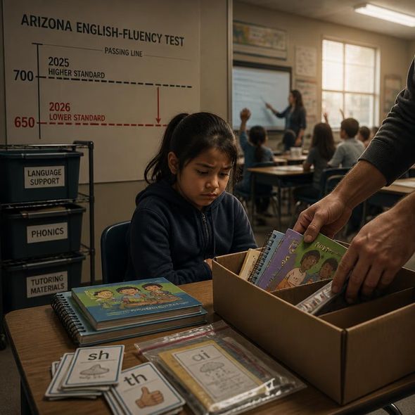 Editorial illustration for “Arizona Raised Fluency by Lowering the Test,” based on the article’s subject.