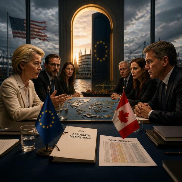 Editorial illustration for “Canada Is Offered Europe’s Side Door,” based on the article’s subject.