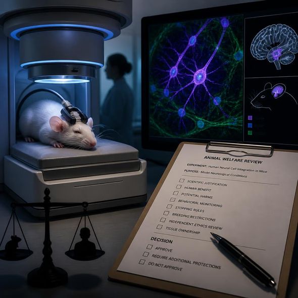 Editorial illustration for “When Does a Mouse Need Human-Brain Protections?,” based on the article’s subject.