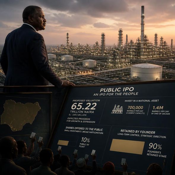 Editorial illustration for “Dangote Offers Nigeria a Share of His Refinery,” based on the article’s subject.