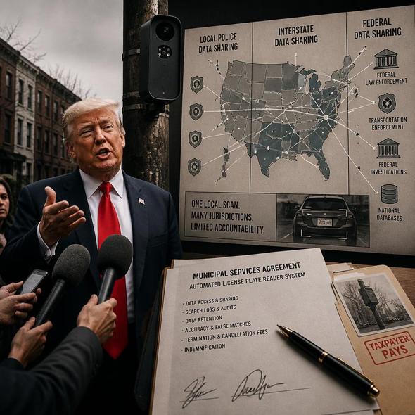 Editorial illustration for “Trump Likes the Cameras. Cities Keep the Contract.,” based on the article’s subject.
