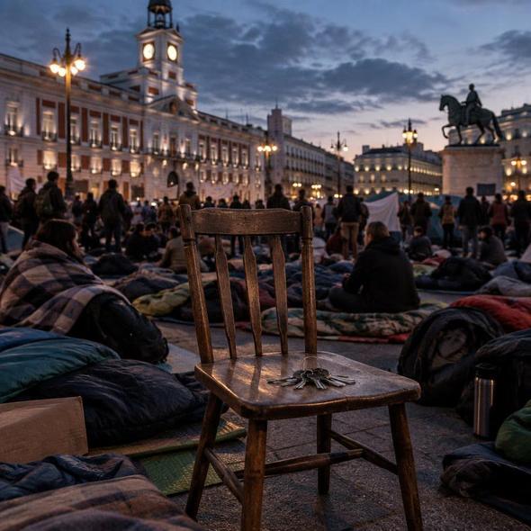 Editorial illustration for “Madrid Camped Out for One Tenant’s Home,” based on the article’s subject.