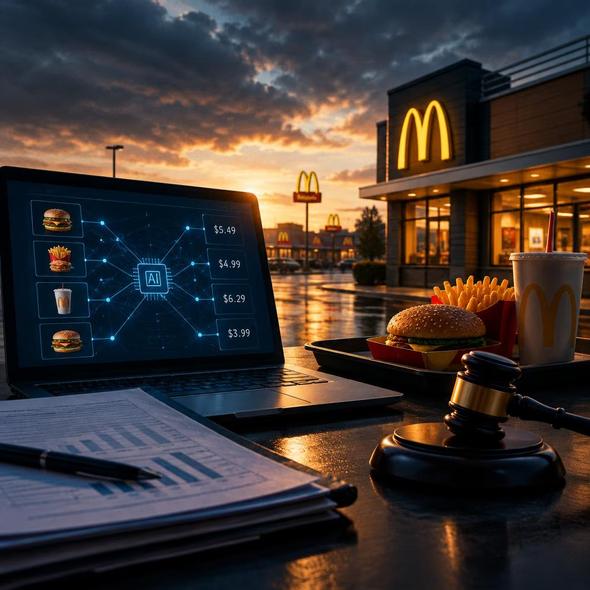 Editorial illustration for “McDonald’s Pricing Software Faces an Antitrust Test,” based on the article’s subject.