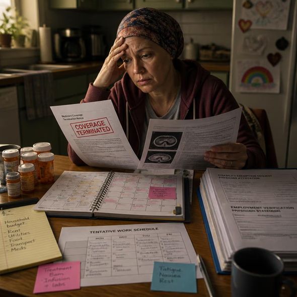 Editorial illustration for “Medicaid Asks Cancer to Prove the Workday,” based on the article’s subject.