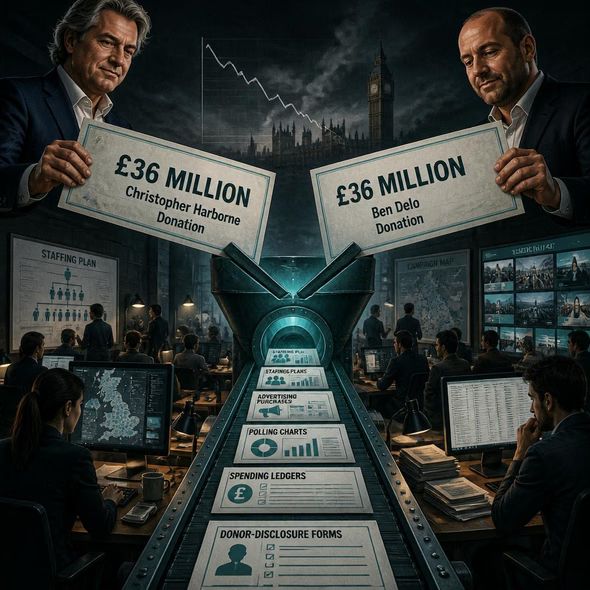 Editorial illustration for “Reform UK Counts Two Record Cheques,” based on the article’s subject.