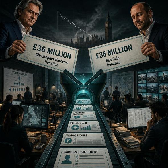 Editorial illustration for “Reform UK Counts Two Record Cheques,” based on the article’s subject.