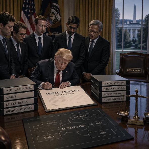 Editorial illustration for “A “Morally Binding” AI Accord Has No Referee,” based on the article’s subject.