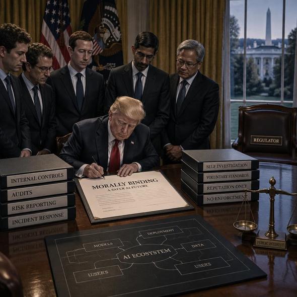 Editorial illustration for “A “Morally Binding” AI Accord Has No Referee,” based on the article’s subject.