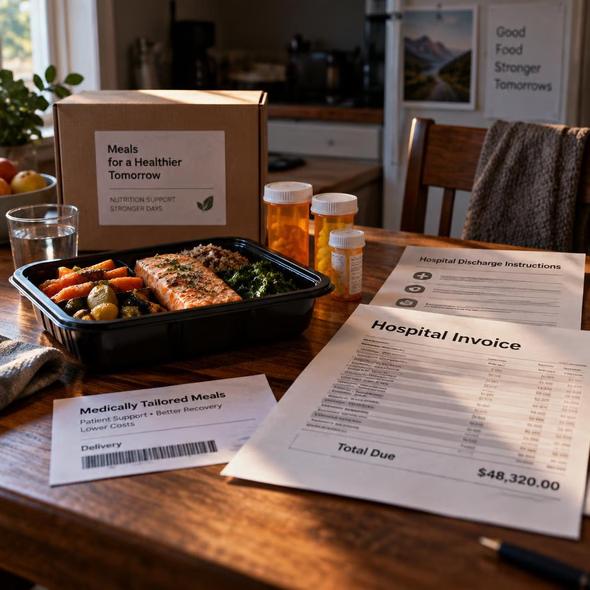 Editorial illustration for “A Medicaid Meal Can Cost Less Than Readmission,” based on the article’s subject.