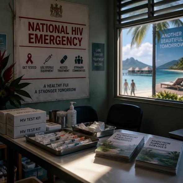 Editorial illustration for “Fiji’s HIV Emergency Follows the Meth Supply,” based on the article’s subject.