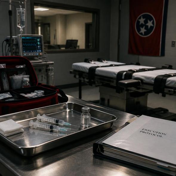 Editorial illustration for “Tennessee Administered the Drug Twice. Christa Pike Lived.,” based on the article’s subject.