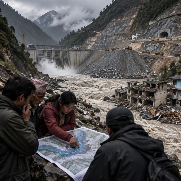 Editorial illustration for “Nepal’s Hydropower Promise Needs a Flood Map,” based on the article’s subject.