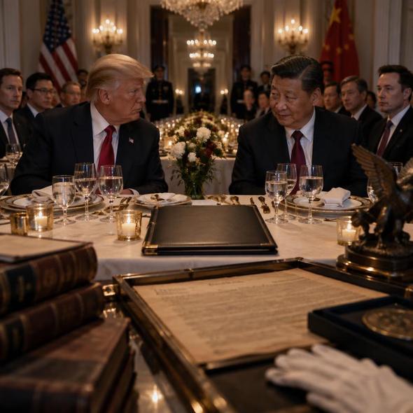 Editorial illustration for “The State Dinner Could Not Serve a Trade Deal,” based on the article’s subject.