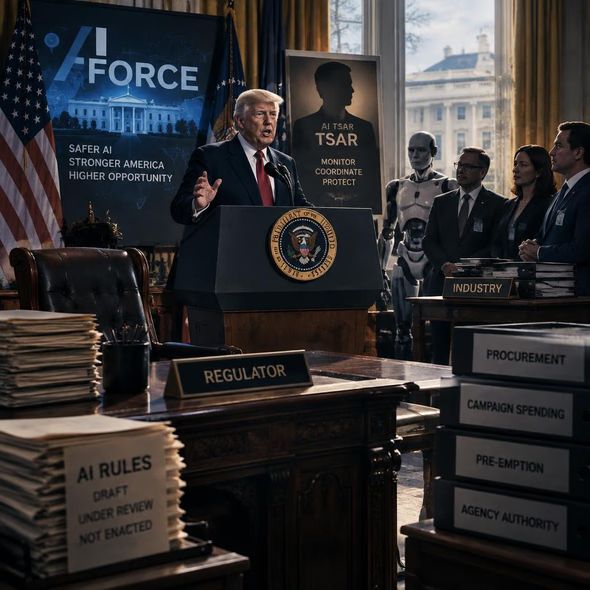 Editorial illustration for “Trump’s AI Force Starts With a Contradiction,” based on the article’s subject.