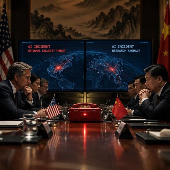 Editorial illustration for “Washington and Beijing Discuss an AI Alarm Line,” based on the article’s subject.