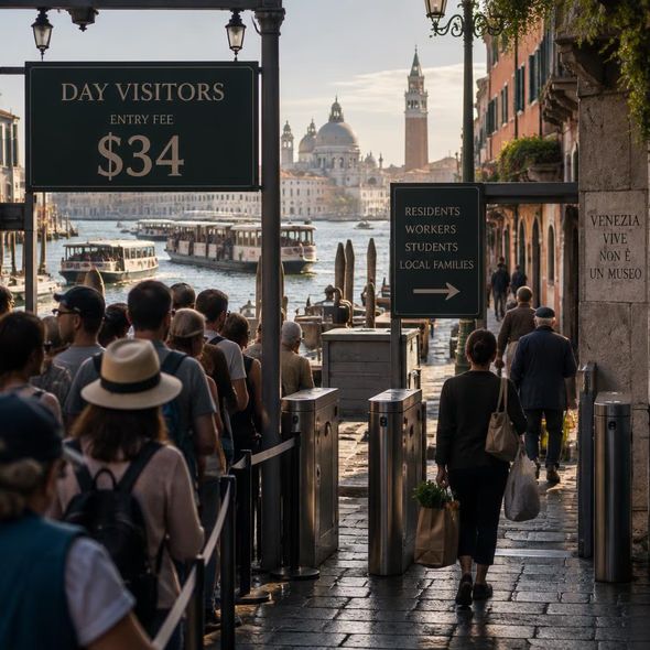 Editorial illustration for “Would a $34 Entry Fee Protect Venice?,” based on the article’s subject.