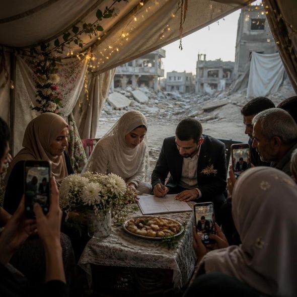 Editorial illustration for “Gaza Couples Sign the Future in Tents,” based on the article’s subject.