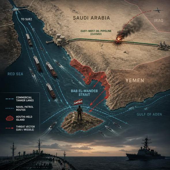 Editorial illustration for “The Houthis Now Hold an Island in the Shipping Lane,” based on the article’s subject.