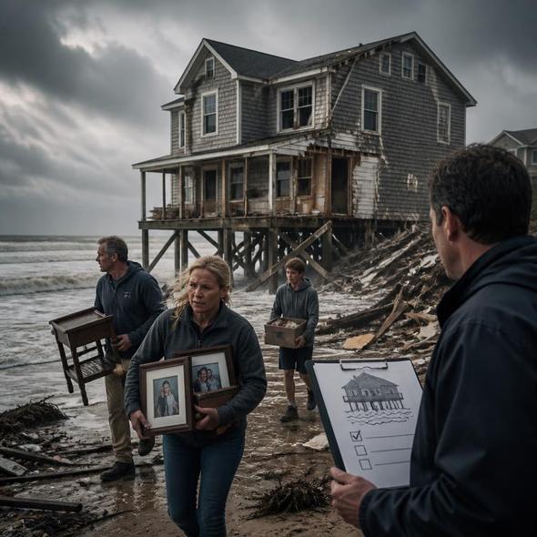 Editorial illustration for “Flood Insurance Pays for the House to Fall,” based on the article’s subject.