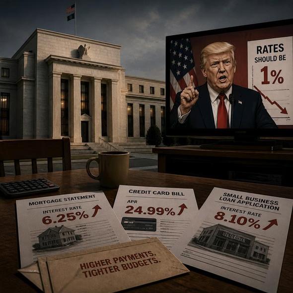 Editorial illustration for “The Fed Raises Rates. Borrowers Get the Independence Bill.,” based on the article’s subject.