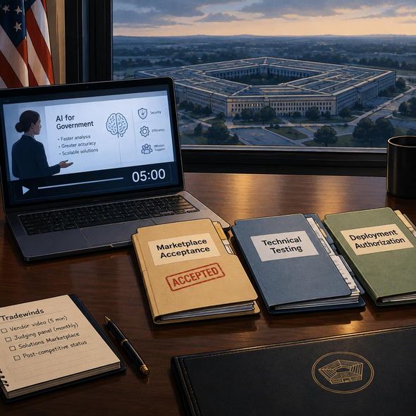 Editorial illustration for “Five Minutes to Pitch the Pentagon,” based on the article’s subject.