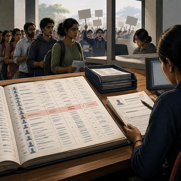 Editorial illustration for “India’s Voter Lists Need More Than a Reassuring Statement,” based on the article’s subject.