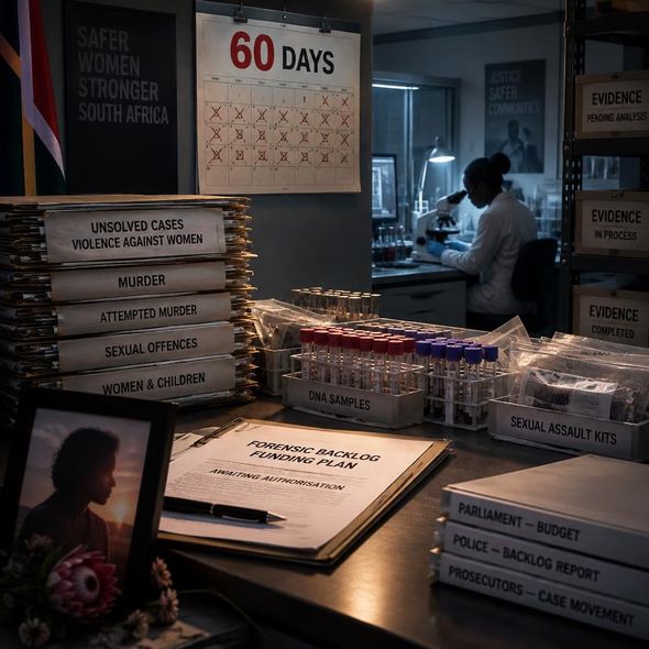 Editorial illustration for “South Africa Sets a 60-Day Clock on Violence Against Women,” based on the article’s subject.
