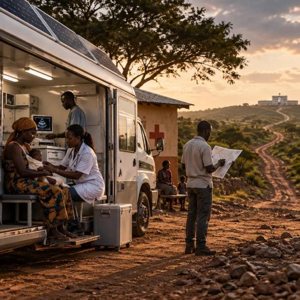 Editorial illustration for “Kenya’s Solar Ambulance Needs a Road Plan,” based on the article’s subject.