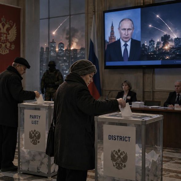 Editorial illustration for “What Did Russia’s Wartime Ballot Measure?,” based on the article’s subject.