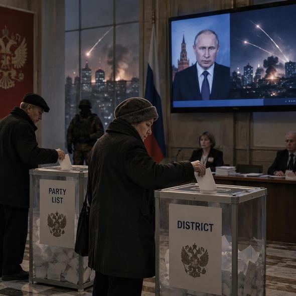Editorial illustration for “What Did Russia’s Wartime Ballot Measure?,” based on the article’s subject.