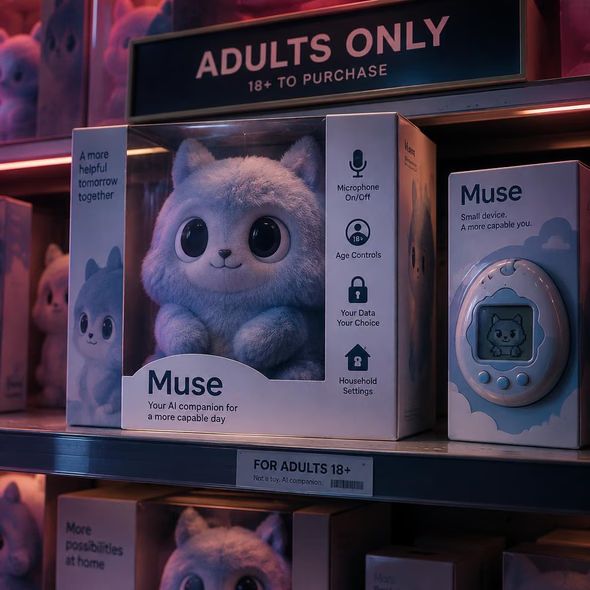 Editorial illustration for “Muse Dresses Adult AI for the Toy Shelf,” based on the article’s subject.