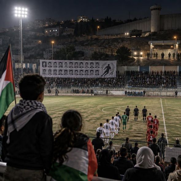 Editorial illustration for “Palestinian Football Returns Under the Martyrs’ Names,” based on the article’s subject.