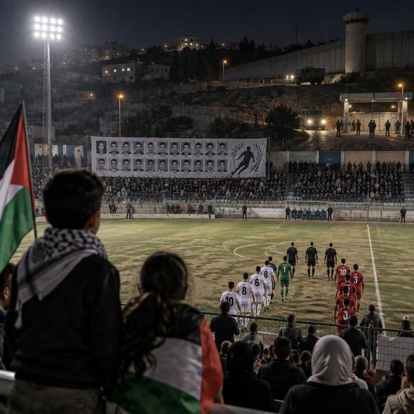 Editorial illustration for “Palestinian Football Returns Under the Martyrs’ Names,” based on the article’s subject.