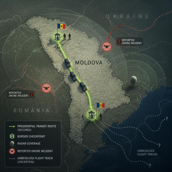 Editorial illustration for “Two Drone Attacks, One Presidential Route Through Moldova,” based on the article’s subject.