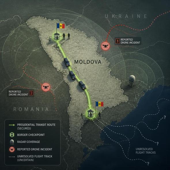 Editorial illustration for “Two Drone Attacks, One Presidential Route Through Moldova,” based on the article’s subject.