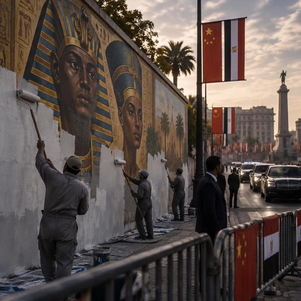 Editorial illustration for “Cairo Painted Over the Pharaohs Before Xi’s Visit,” based on the article’s subject.